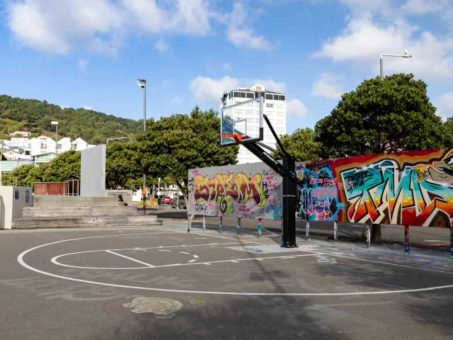 Profile of the basketball court Waitangi Skate Park, Wellington, New Zealand