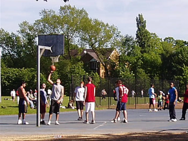 The basketball court in Platt Fields Park.