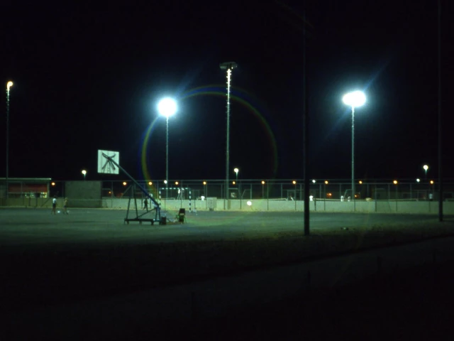 A basketball court at night in Saudi Arabia.