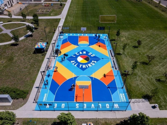 Profile of the basketball court The Den at Scott Collegiate, Regina, Canada