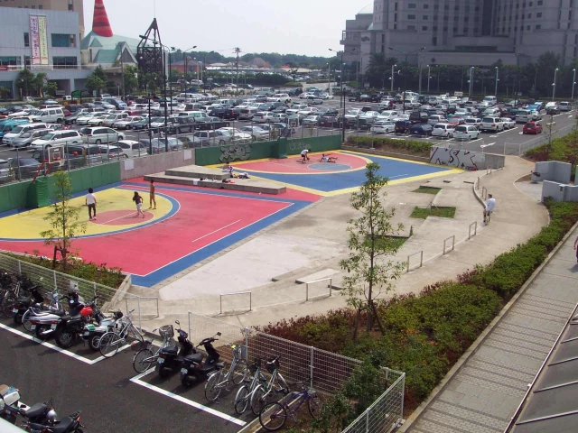 Two small half-courts in front of the New Otani Makuhari Hotel in Tokyo, Japan.