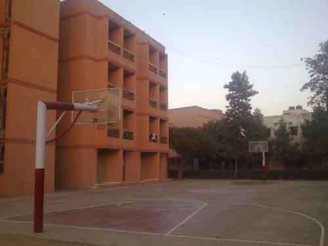A basketball court in Talimabad, New Delhi.
